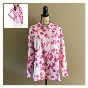 Susan Graver Printed Stretch Cotton Long Sleeve Button Front Shirt Sz 14